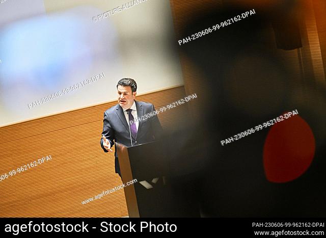 06 June 2023, Brazil, Brasilia: Hubertus Heil (SPD), Federal Minister of Labor and Social Affairs, speaks at the FGV (Fundacao Getulio Vargas)