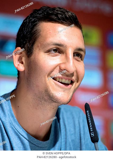 National basketball player Paul Zipser from FC Bayern Munich speaks at a press conference in Munich,  Germany, 18 July 2016