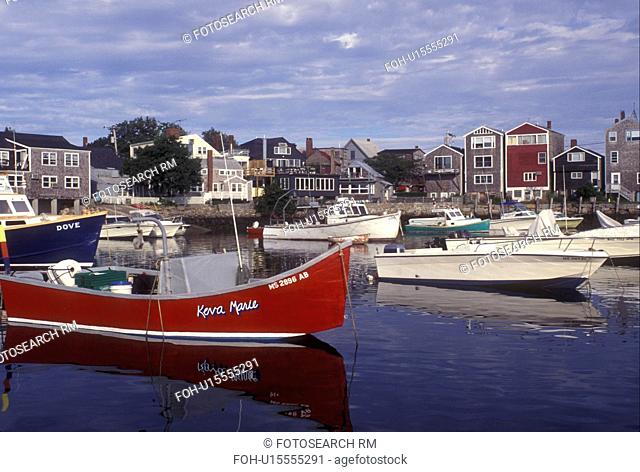 Rockport, Massachusetts, boats, Atlantic Ocean, (Fishing, lobster) boats are buoyed in the harbor