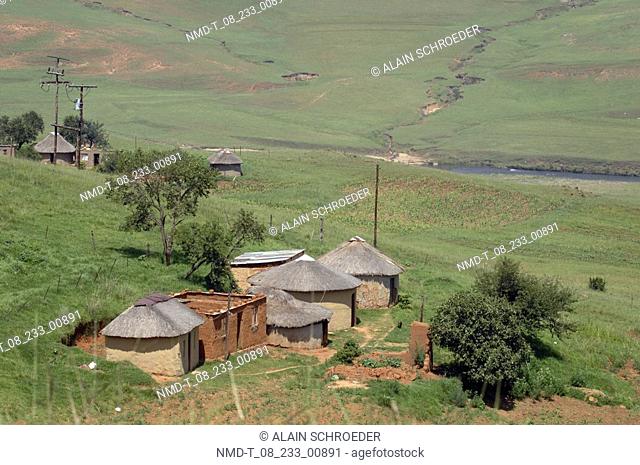 High angle view of huts in a farm, North Drakensberg Mountain, Kwazulu-Natal, South Africa