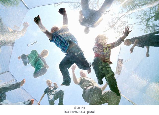 Mature men and boys jumping on trampoline, low angle view