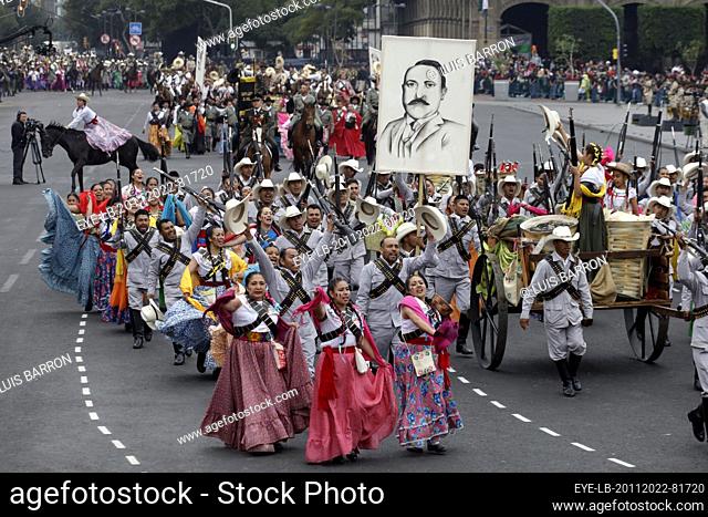 November 20, 2022, Mexico City, Mexico: Members of the Armed Forces and civil organizations take part during the civil-military parade for the 112th anniversary...