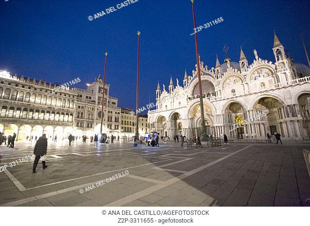 Venice Veneto Italy on January 19, 2019: Twilight at Saint Marks square