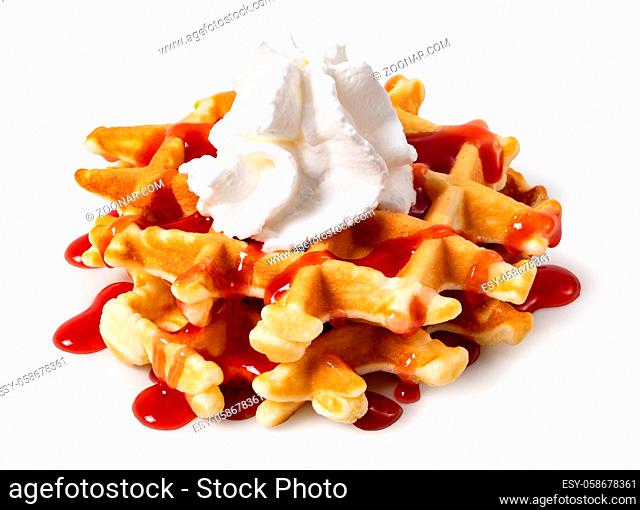 viennese waffles with strawberry and sweet syrup isolated on white background