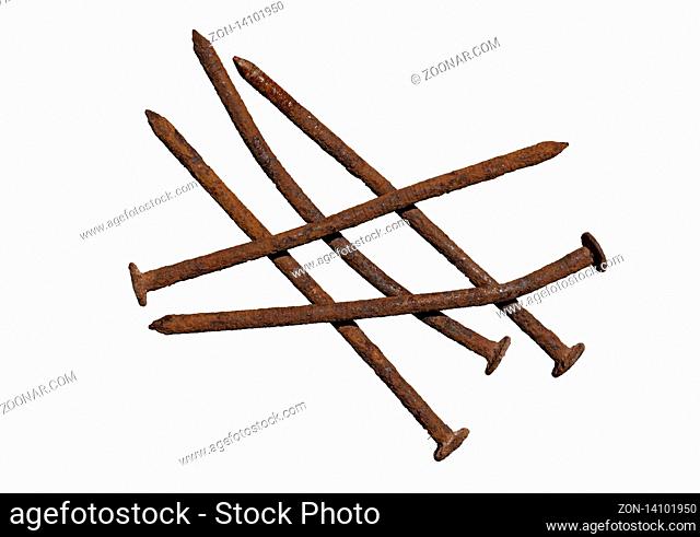 five old rusty and crooked nails isolated