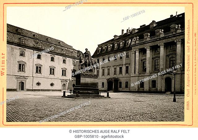 Europe, Germany, Thuringis, Weimar, horseman statue of Grand Duke Karl August and the so called Fuerstenhaus , published by Roemmler and Jonas, Dresden, 1892