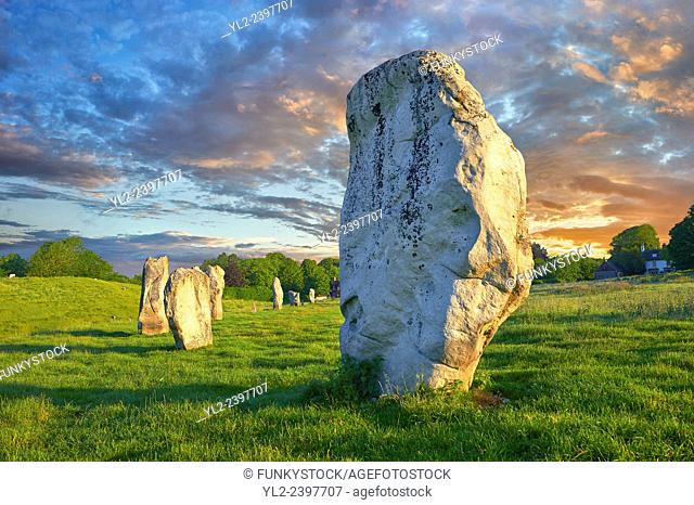 Avebury Neolithic standing stone Circle the largest in England at sunset, Wiltshire, England, Europe