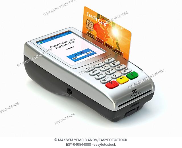 POS terminal with credit card isolated on white. Paying. 3d