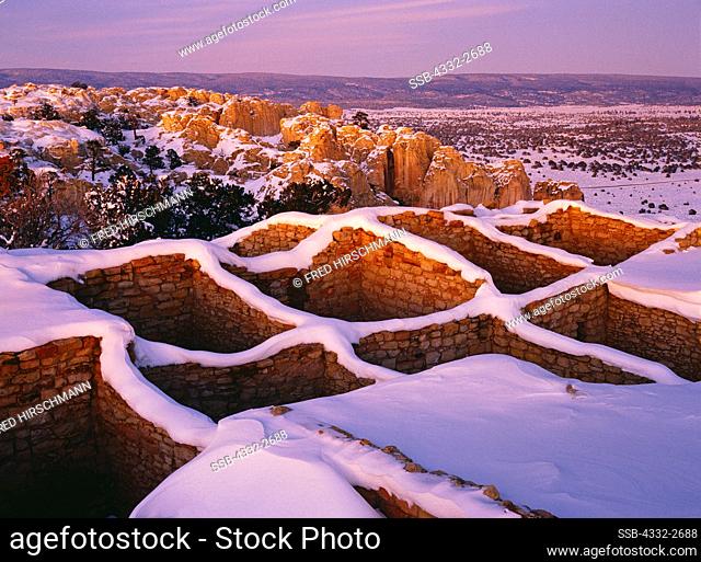 Snow draping walls of Atsinna Ruin, top of Inscription Rock, El Morro National Monument, New Mexico