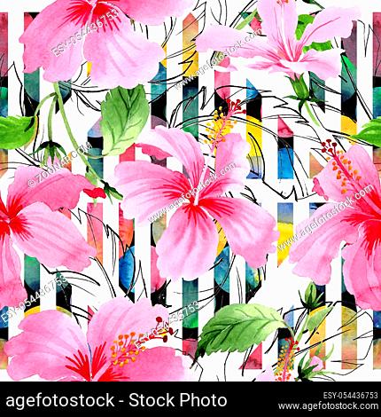 Wildflower hibiscus pink flower pattern in a watercolor style. Full name of the plant: hibiscus. Aquarelle wild flower for background, texture, wrapper pattern