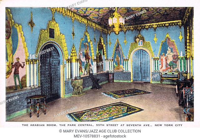 The The Arabian Room in the Park Central Hotel at 55th Street and 7th Avenue, New York, 1930s. Vivid colour predominate in the wall friezes by Willy Pogany...