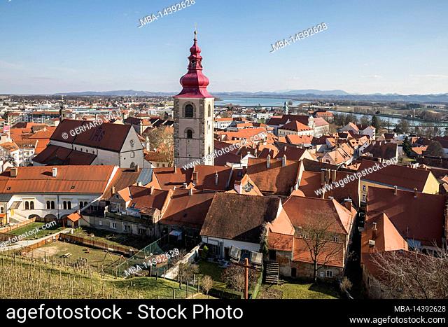 Town Ptuj (Pettau) on the river Drava, oldest town in Slovenia, view over the town from the castle, Lower Styria, Podravska, Slovenia, Europe