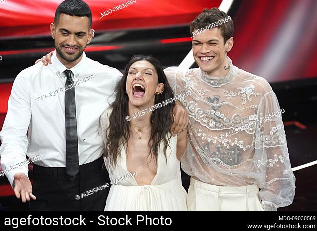 The finalists Gianni Morandi, Elisa, Mahmood and Blanco at the 72 Sanremo Festival. Final evening. Valentino and Burberry clothes