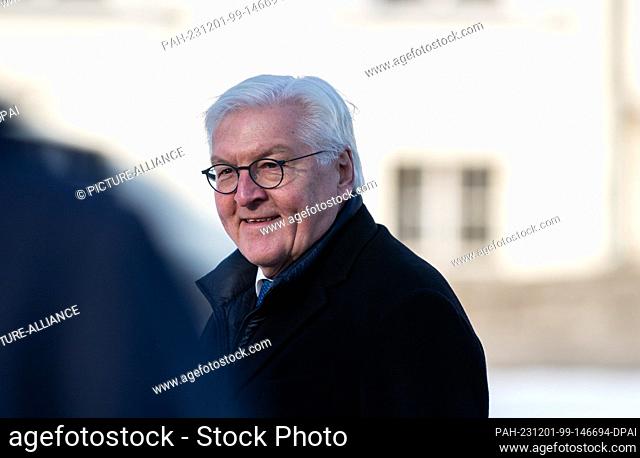 01 December 2023, Berlin: Federal President Frank-Walter Steinmeier stands in front of Bellevue Palace, where he lit the lights on the Christmas tree in front...