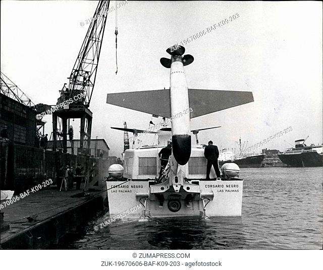 Jun. 06, 1967 - Germany's Latest Aircraft-Wing Boat Built For Spanish Shipping Line: Called 'Black Pirate' this new type of aircraft-wing boat will shortly be...