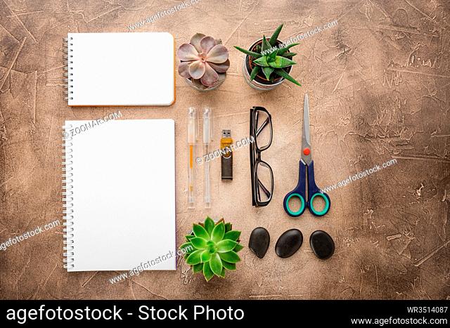 Empty note pad for notes, pens, zen stones, scissors, glasses and pots with succulents on the table. Top view with place for text