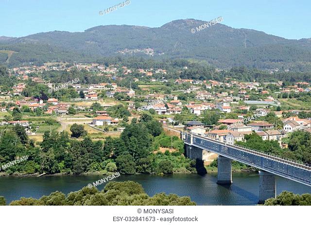 View of the Spanish town of Tuy and the river Minho seen from Valenca in Portugal. The bridge connect both towns