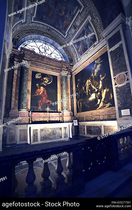 Painting by Michelangelo Merisi, called Caravaggio's cycle of Saint Matthew (The Calling of Saint Matthew, left, The Inspiration of Saint Matthew, center
