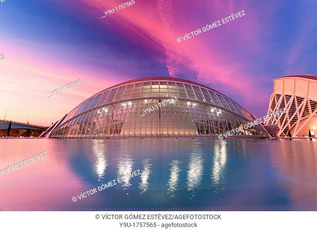 Hemisferic in City of Arts and Sciences in Valencia at red sunset