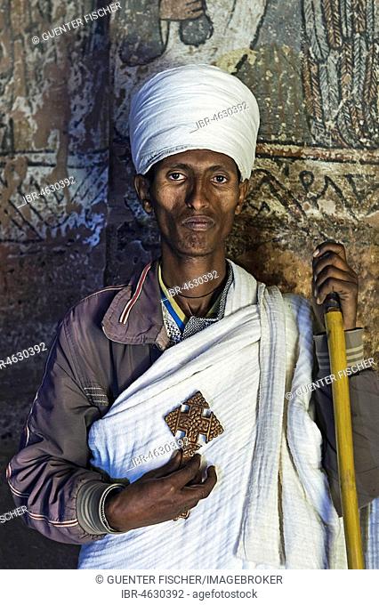 Orthodox priest of the rock church Abuna Yemata Guh, Gheralta Region, Tigray, Ethiopia