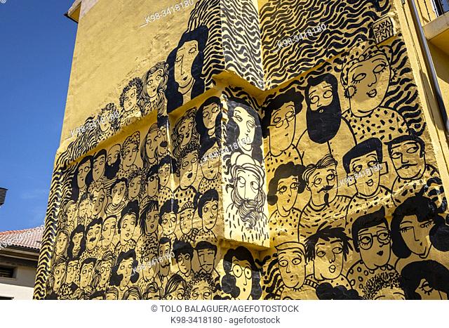Street mural painting representing people of multiple ethnicities, Soria, Autonomous Community of Castile-Leon, Spain, Europe