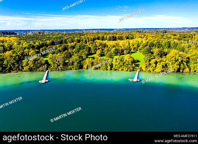 Germany, Bavaria, Bachern, Stranberg district, Aerial view of Worth lake with the piers