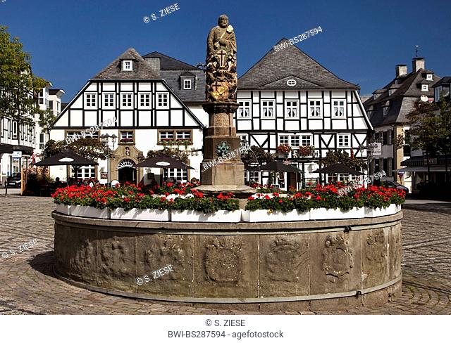 Saint Peter well, Petrusbrunnen, on the market place of Brilon, Germany, North Rhine-Westphalia, Sauerland, Brilon