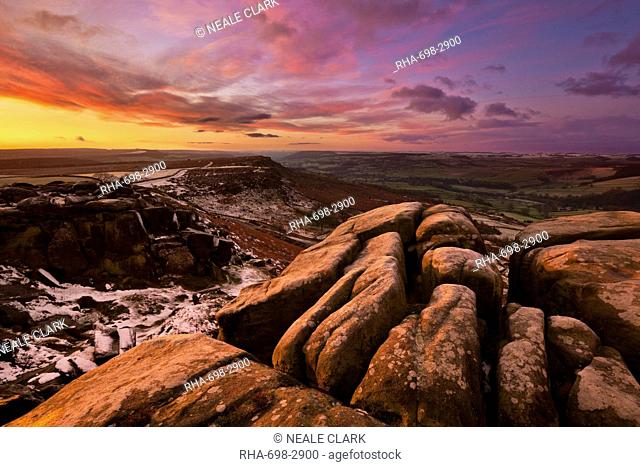 Frosty winter sunrise, Froggatt and Curbar Edge, Peak District National Park, Derbyshire, England, United Kingdom, Europe