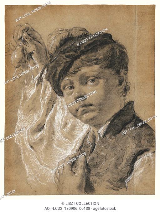A Boy Holding a Pear; Giovanni Battista Piazzetta (Italian, 1682 - 1754); about 1737; Black and white chalk on blue-gray paper (two joined sheets); 39