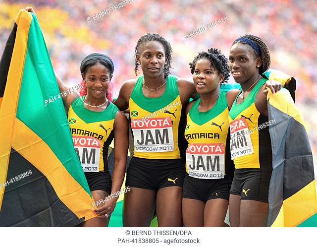 (L-R) Shelly-Ann Fraser-Pryce, Kerron Stewart, Schillonie Calvert and Carrie Russell of Jamaica celebrate after winning the women's 4x100m relay final at the...