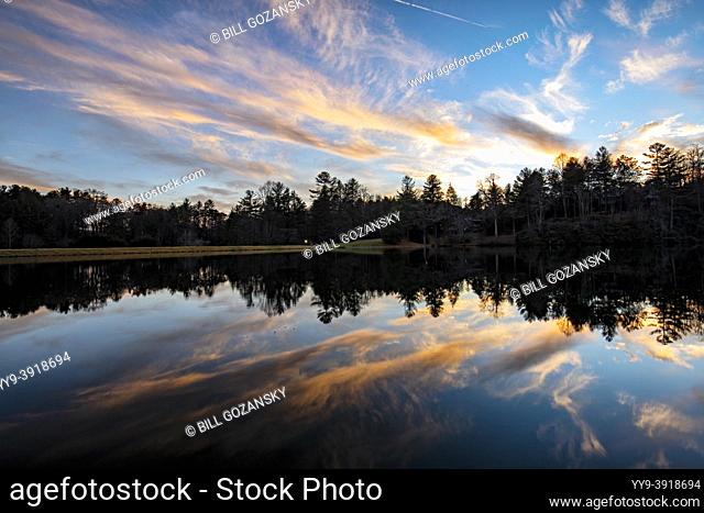 Straus Lake reflections at sunset - Brevard, North Carolina, USA