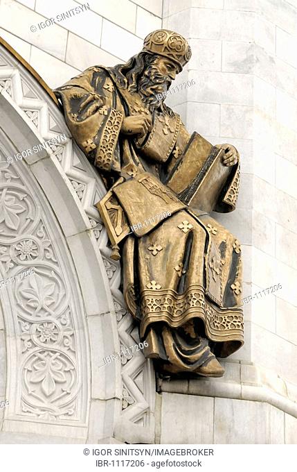Fragment of facade with high relief of a saint, Cathedral of Christ the Saviour, Moscow, Russia