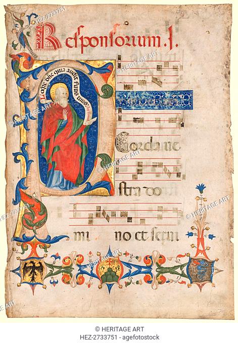 Leaf from an Antiphonary: Historiated Initial P with the Prophet Samuel.., c. 1439-1447. Creator: Olivetan Master (Italian)