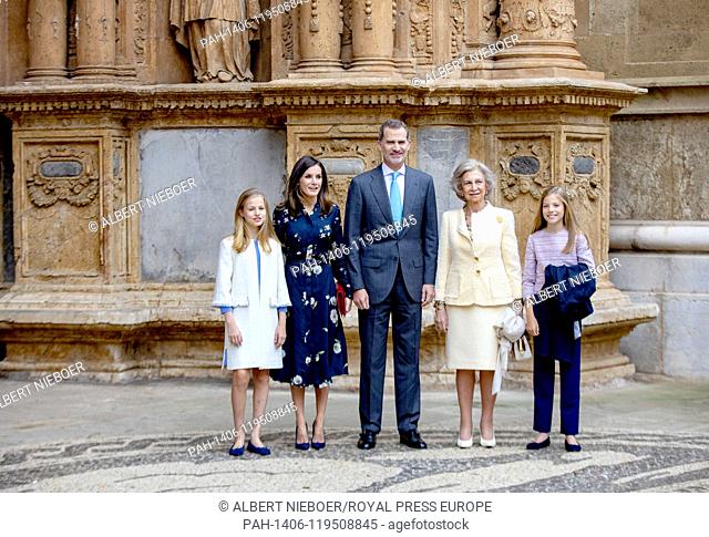 King Felipe, Queen Letizia, Queen Sofia, Princess Leonor and Princess Sofia of Spain arrive at the La Seu Cathedral in Palma de Mallorca, on April 21, 2019