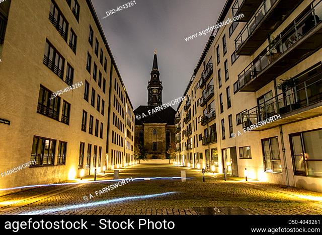 Copenhagen, Denmark Michael's Church seen from a small street in the Christianshavn district at night