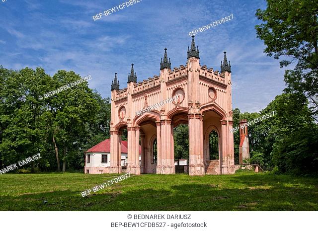 Ruins of neo-gothic Pac`s Palace in Dowspuda, settlement in Podlaskie voivodeship. Poland. The construction work began in 1820