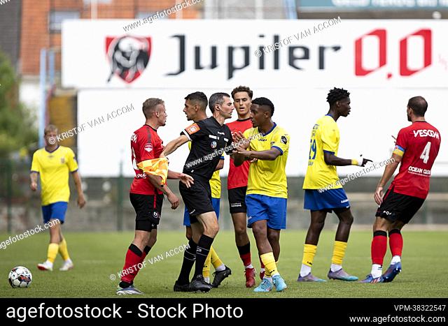 Players of KSK Beveren and Helmond argue during the gala game between Belgian Challenger Pro League club KSK Beveren and Helmond