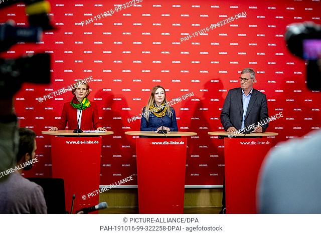 16 October 2019, Berlin: Leyla Imret (M), Co-Chairwoman of the Halklar·n Demokratik Partisi (HDP), takes part in a joint press conference with the Federal...
