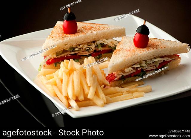 two sandwiches in a square white plate with fries