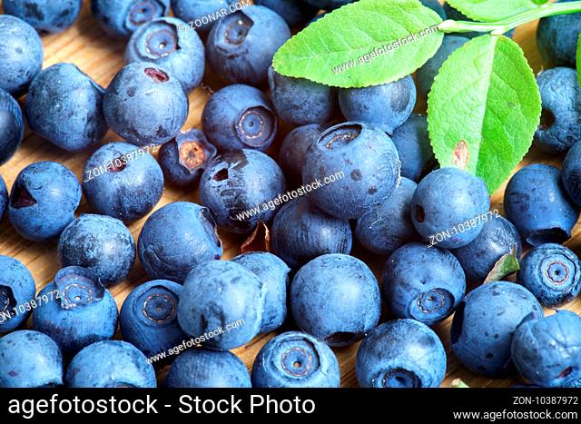 Freshly Picked Blueberry, Blueberries, Fresh Berry, Berries, Bilberry, Bilberries with Green Leaves on Rustic Table, Wildberry on Wooden Background