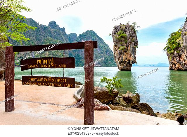 Nameplate attractions viewpoint at beach seaside of Khao Tapu or James Bond Island in Ao Phang Nga Bay National Park, Thailand