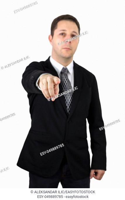Businessman in Black Suit Pointing Index Finger Towards Camera. Focus On The Hand and Finger. Isolated On White Background