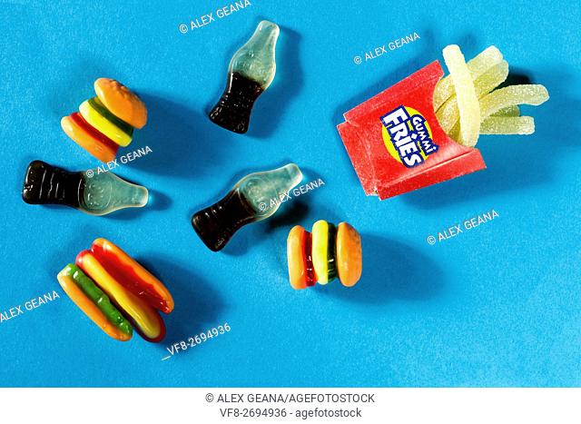 An array of festive summer holiday inspired Gummie candies, from coca-cola bottles to french fries