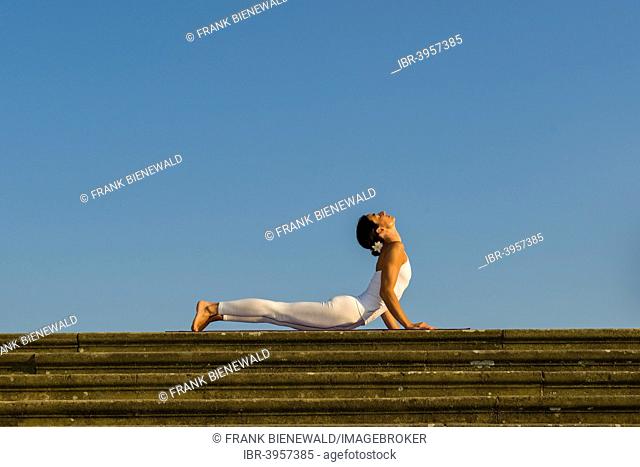 Young woman practising Hatha yoga, outdoors, showing the pose Bhujangasana, Cobra pose
