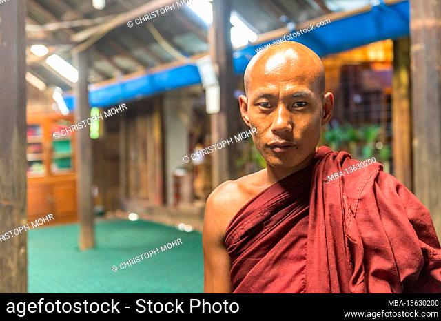 Myanmar, scenes at Inle lake, Phyu Nge monastery, monk, portrait