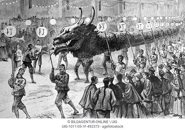 Parade of the great dragon in hong kong, china, historical illustration circa 1893
