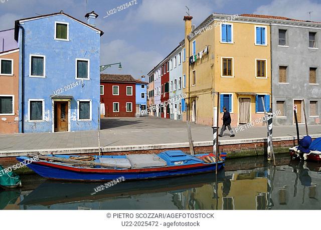 Burano, Veneto, Italy, canal and colorful houses
