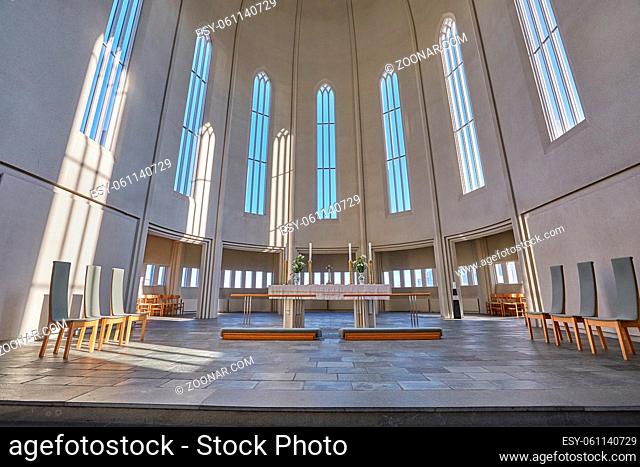 Cathedral interior with bright space, Reykjavik Iceland