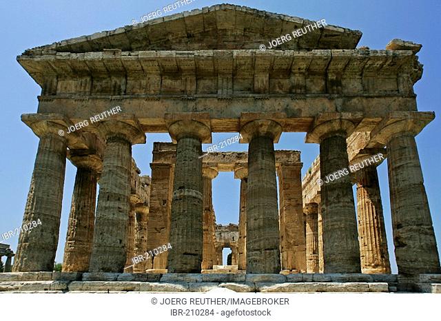 Hera temple 1 (so-called Poseidon temple) on the excavation site of Paestum, Cilento, Campania, Province of Salerno, Italy