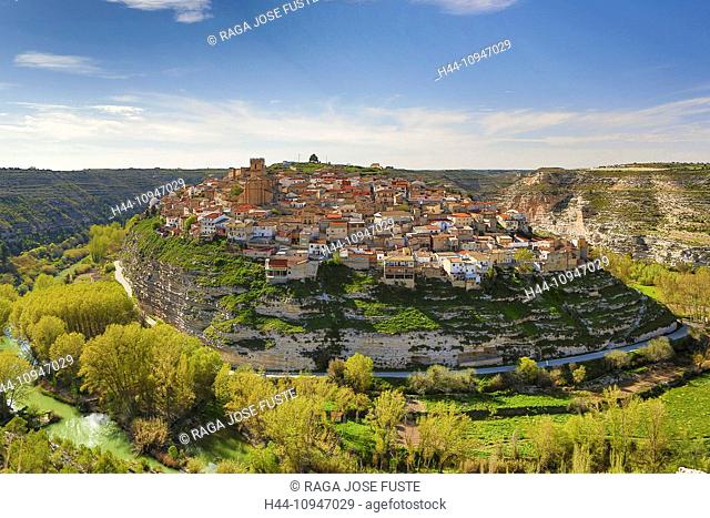 Spain, Europe, Castilla La Mancha, Castile La Mancha, Region, Albacete, Province, Jorquera, City, Jucar River, architecture, bend, colourful, erosion, geology